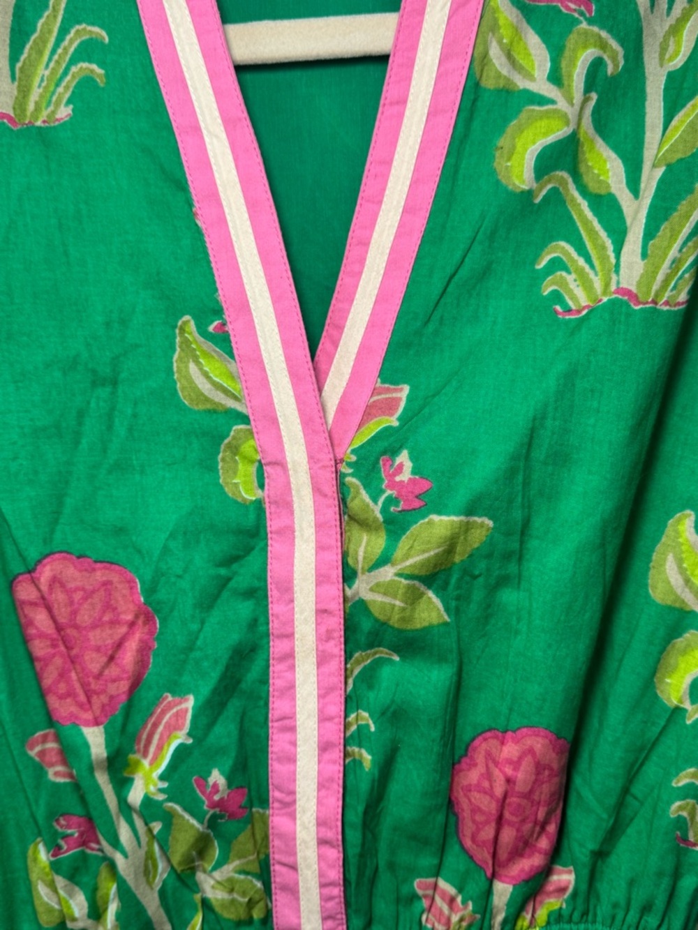 🌺🍋🟩THML Green Floral Maxi Dress with Pink Trim embroidered boho puff sleeve - Picture 9 of 10